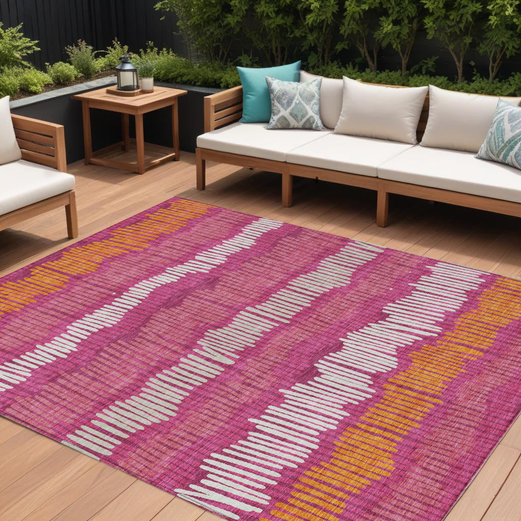 10' X 14' Blush Ivory And Brown Striped Washable Indoor Outdoor Area Rug