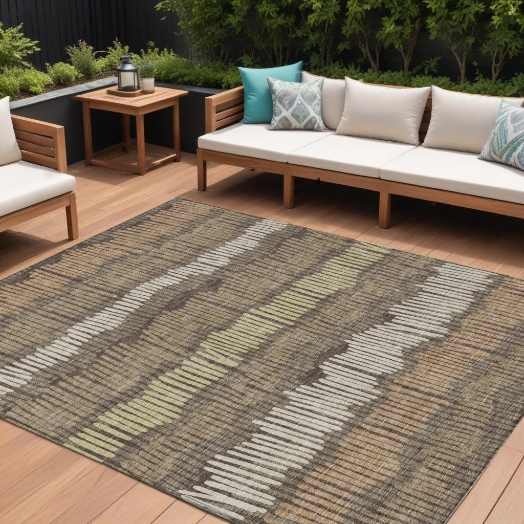 10' X 14' Brown And Dark Green Striped Washable Indoor Outdoor Area Rug