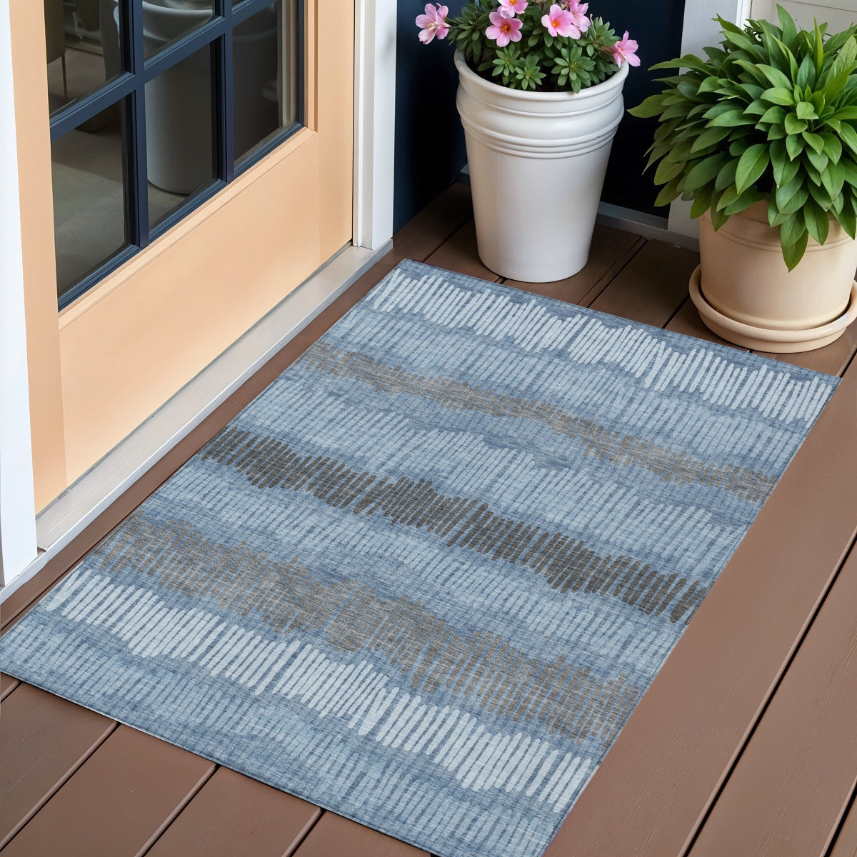 3' X 5' Blue Black And Gray Striped Washable Indoor Outdoor Area Rug