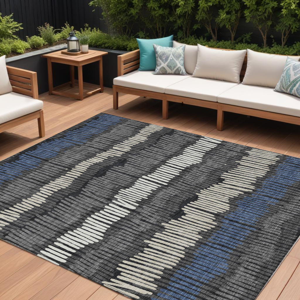 9' X 12' Charcoal Blue And Ivory Striped Washable Indoor Outdoor Area Rug