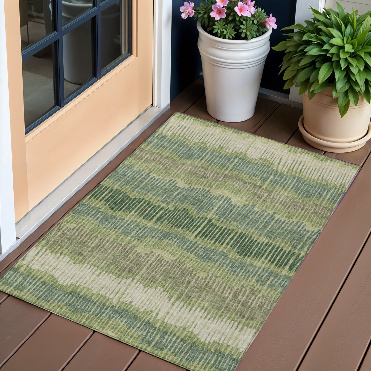 3' X 5' Green Gray And Ivory Striped Washable Indoor Outdoor Area Rug