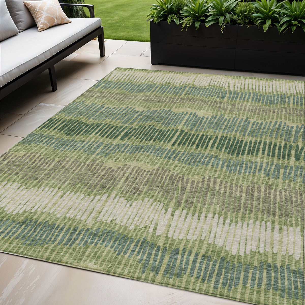 5' X 8' Green Gray And Ivory Striped Washable Indoor Outdoor Area Rug