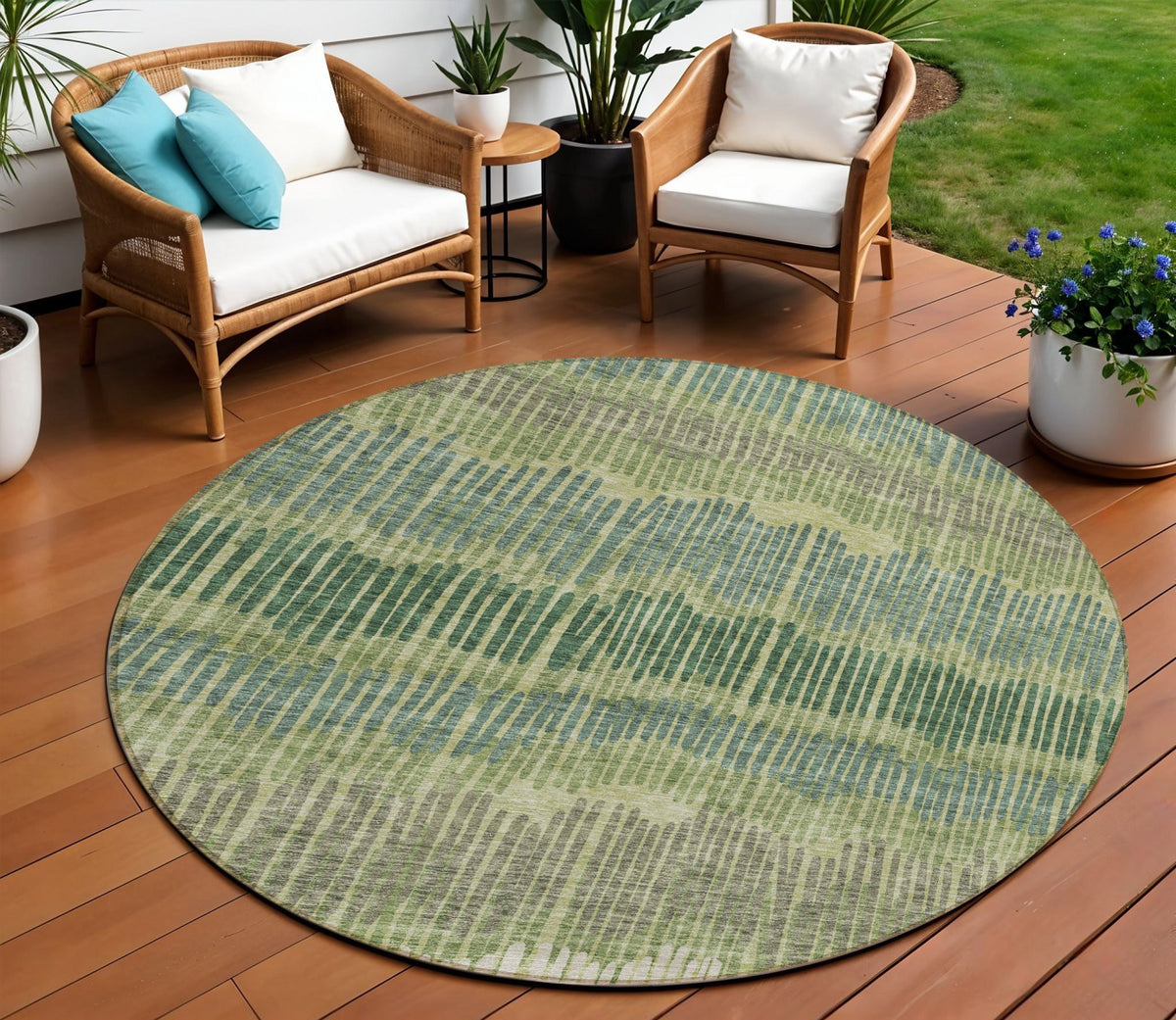 8' Green Gray And Ivory Round Striped Washable Indoor Outdoor Area Rug