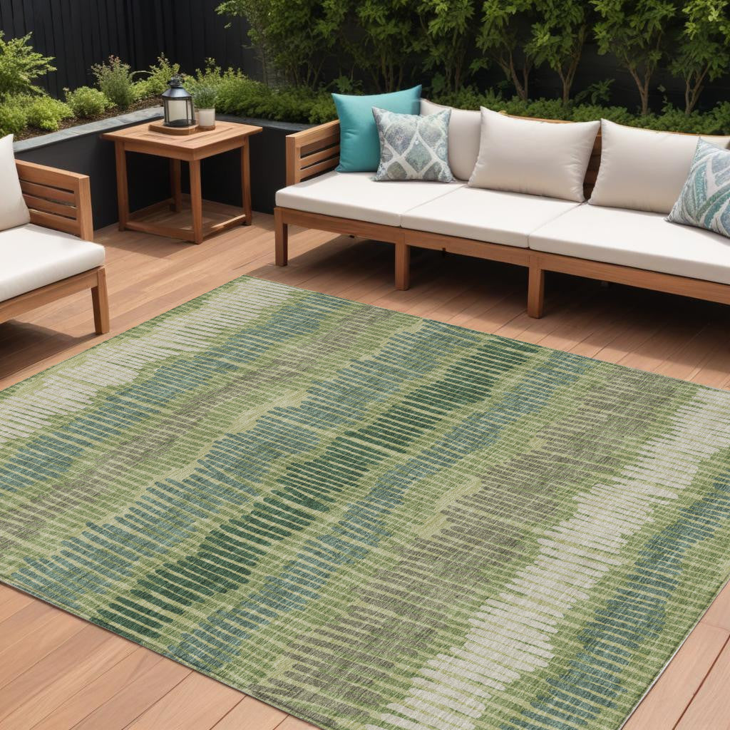 9' X 12' Green Gray And Ivory Striped Washable Indoor Outdoor Area Rug