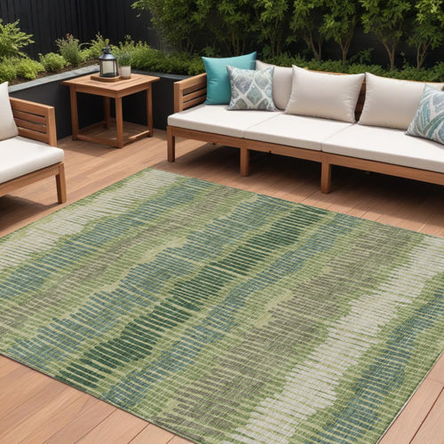 10' X 14' Green Gray And Ivory Striped Washable Indoor Outdoor Area Rug