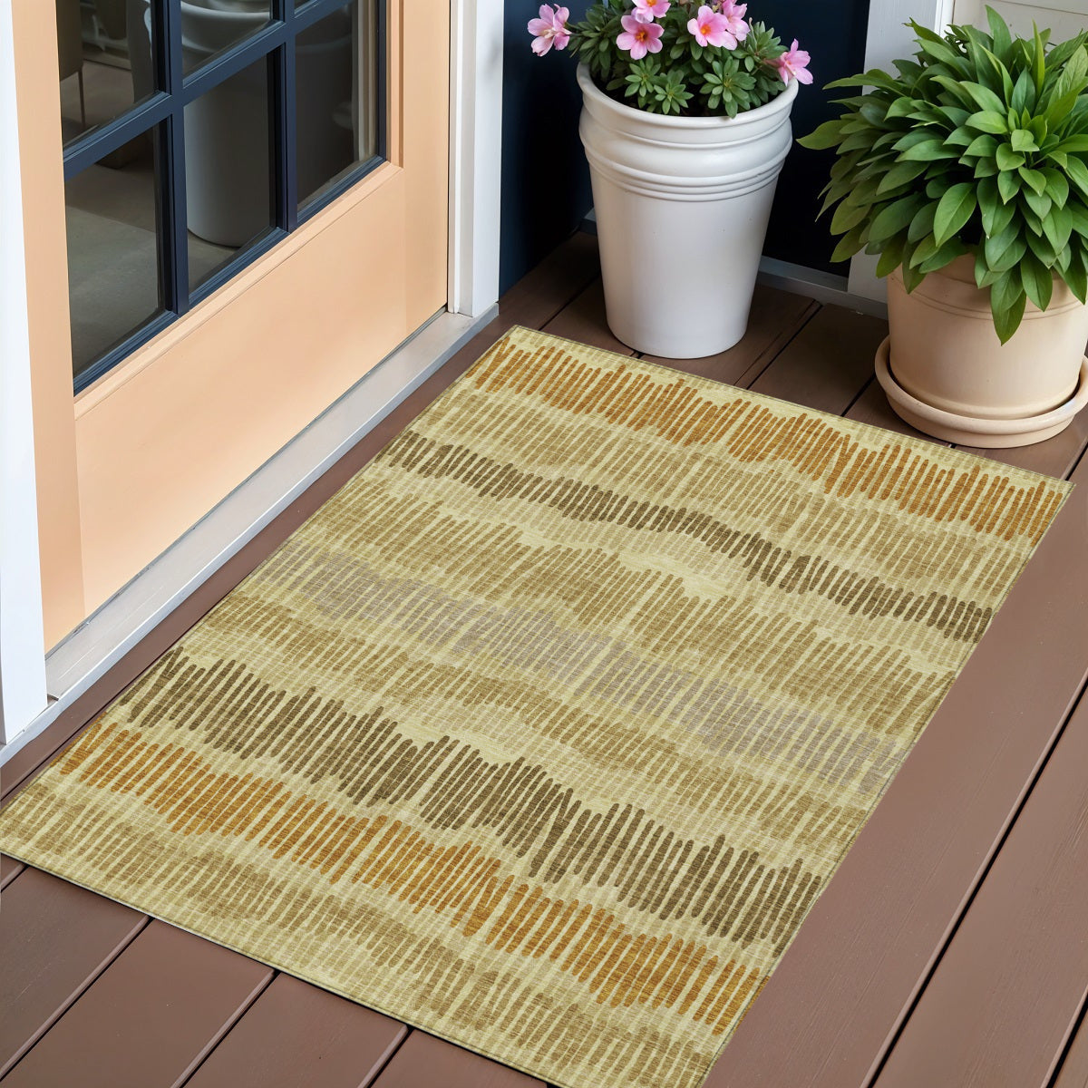 3' X 5' Gold Brown And Gray Striped Washable Indoor Outdoor Area Rug
