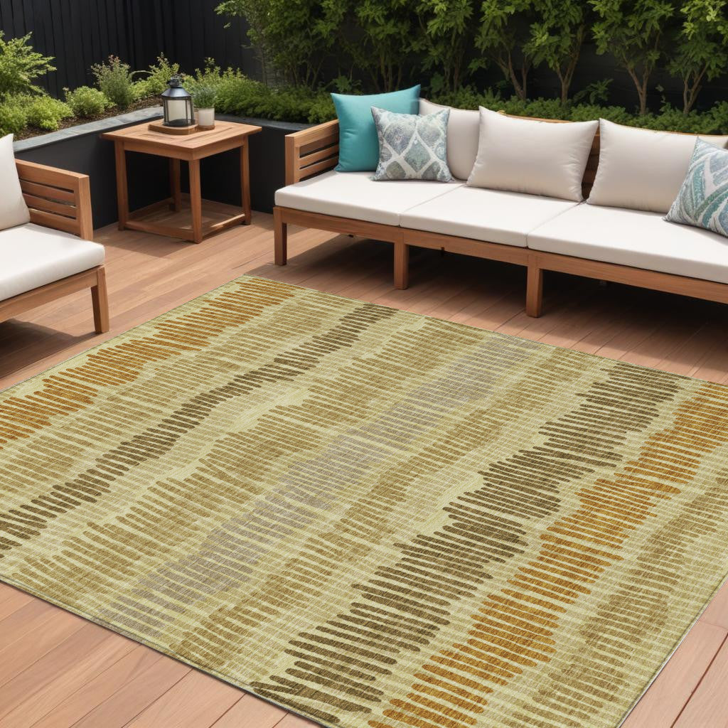 9' X 12' Gold Brown And Gray Striped Washable Indoor Outdoor Area Rug