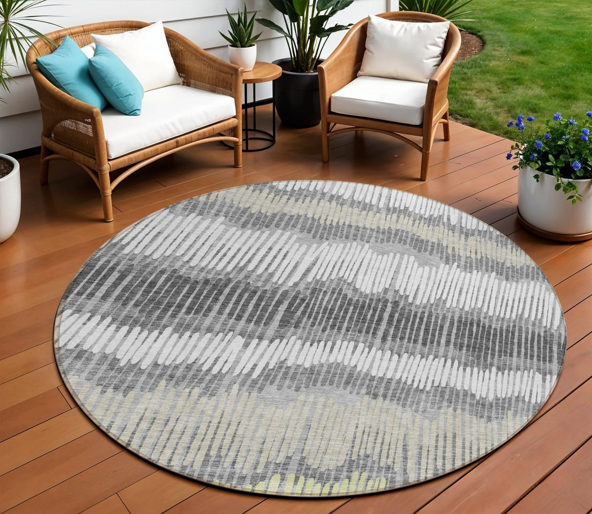8' Gray Light Green And Ivory Round Striped Washable Indoor Outdoor Area Rug
