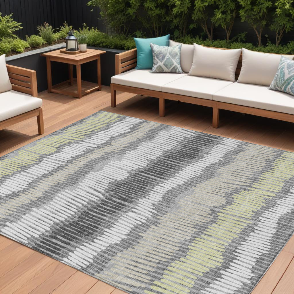 9' X 12' Gray Light Green And Ivory Striped Washable Indoor Outdoor Area Rug