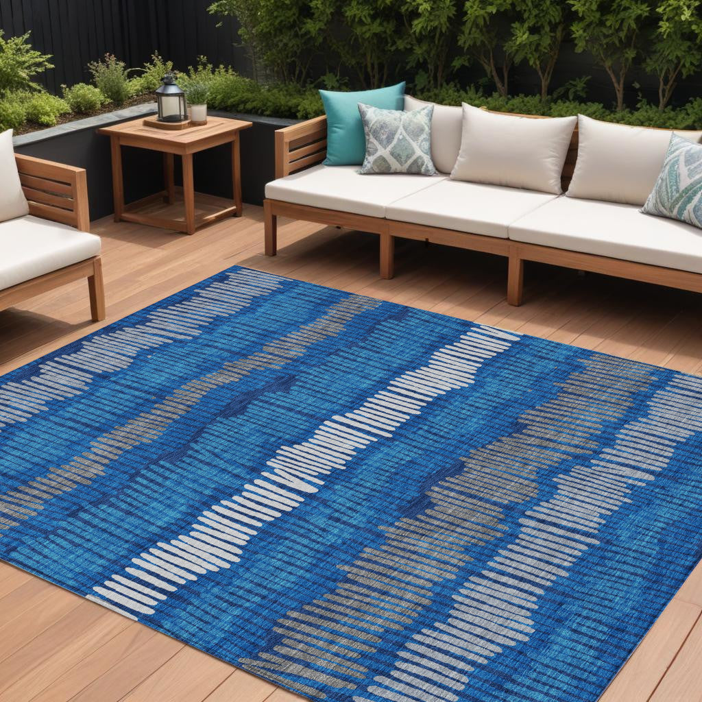 9' X 12' Navy Blue Gray And Ivory Striped Washable Indoor Outdoor Area Rug