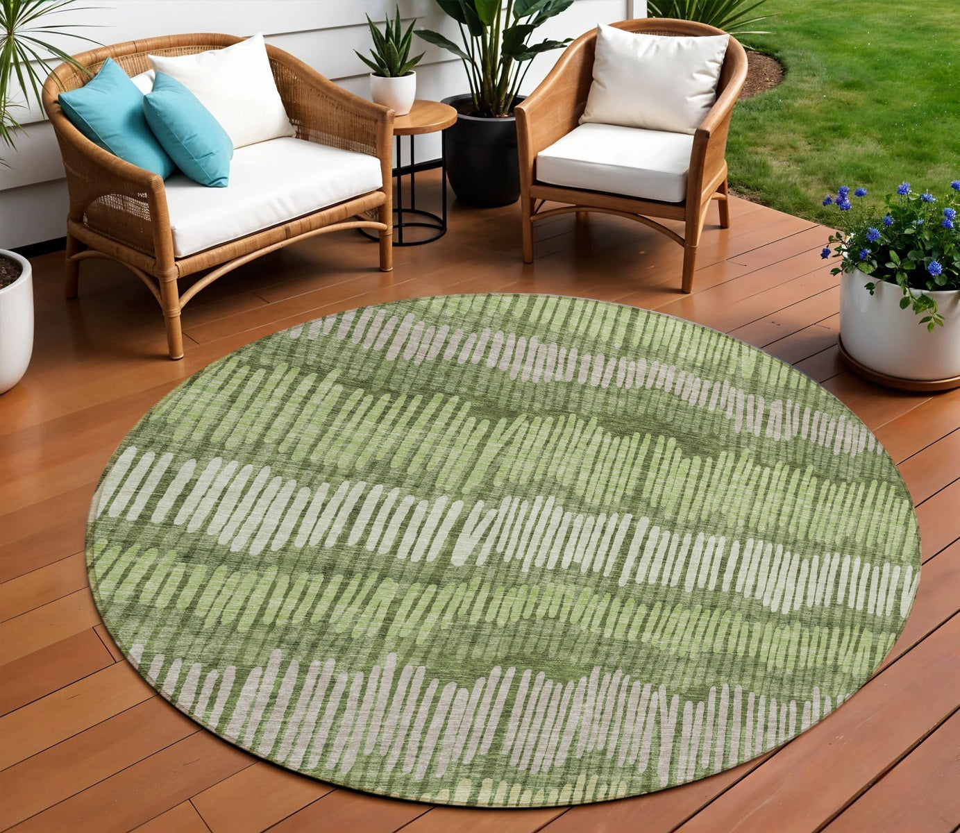 8' Olive Green And Gray Round Striped Washable Indoor Outdoor Area Rug