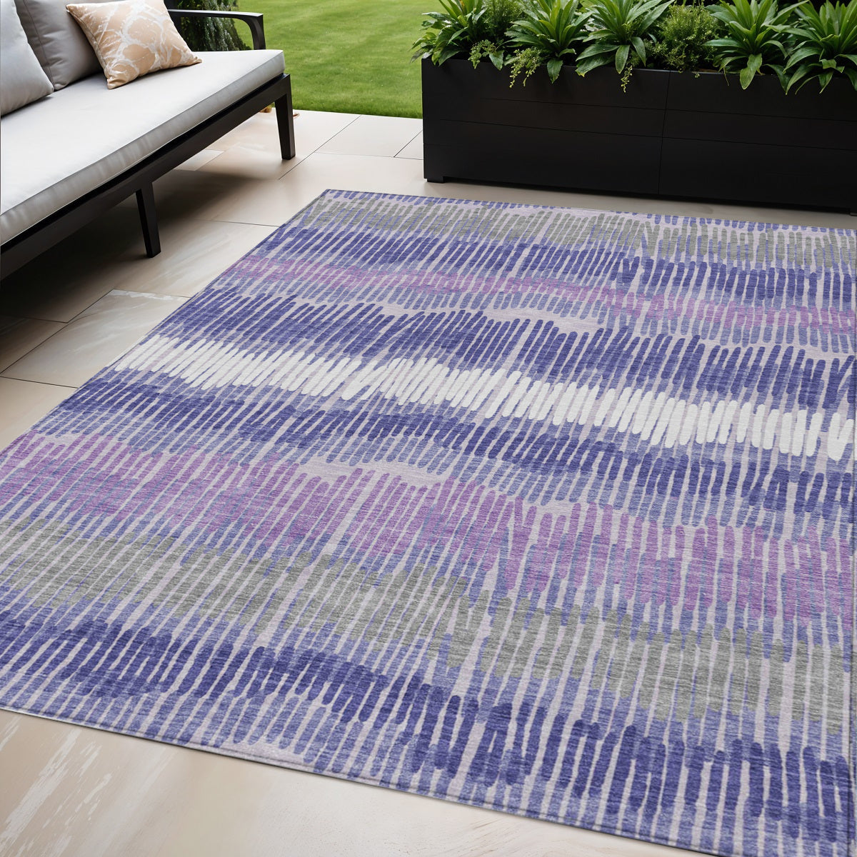 5' X 8' Purple And Gray Striped Washable Indoor Outdoor Area Rug