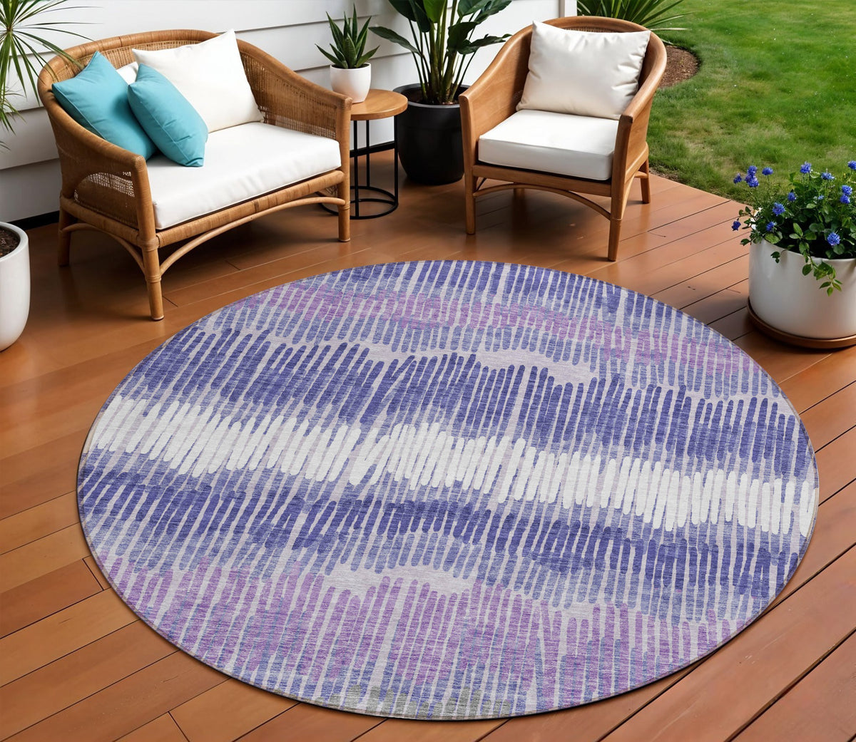 8' Purple And Gray Round Striped Washable Indoor Outdoor Area Rug