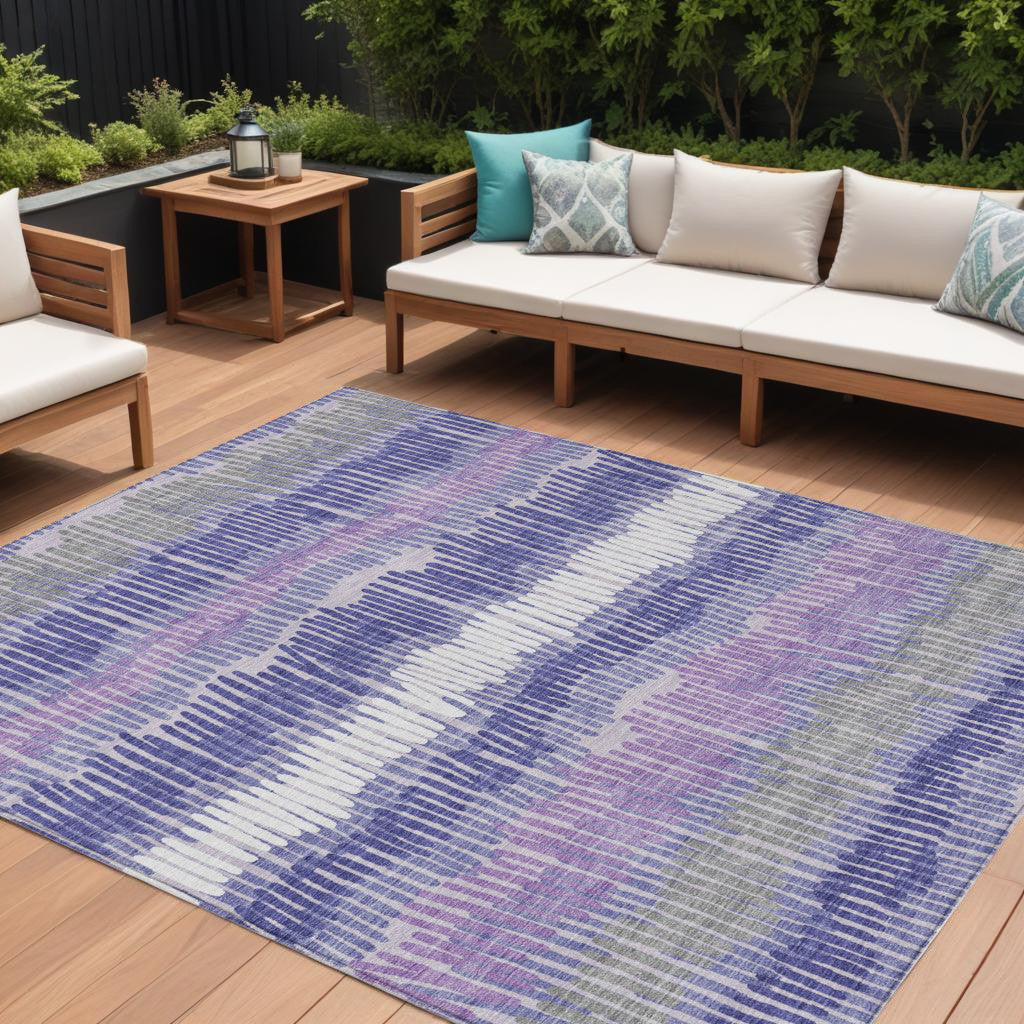 9' X 12' Purple And Gray Striped Washable Indoor Outdoor Area Rug
