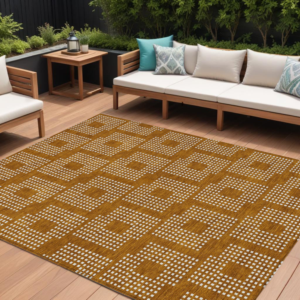 9' X 12' Terra Cotta And Ivory Geometric Washable Indoor Outdoor Area Rug