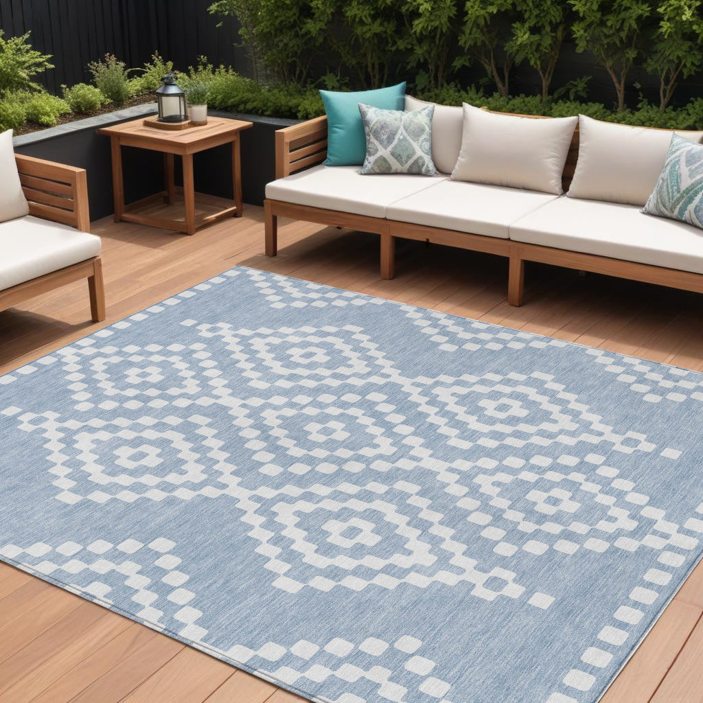9' X 12' Denim Blue And Ivory Geometric Washable Indoor Outdoor Area Rug