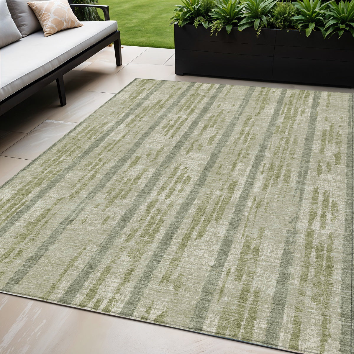 5' X 8' Artichoke Green Gray And Ivory Striped Washable Indoor Outdoor Area Rug