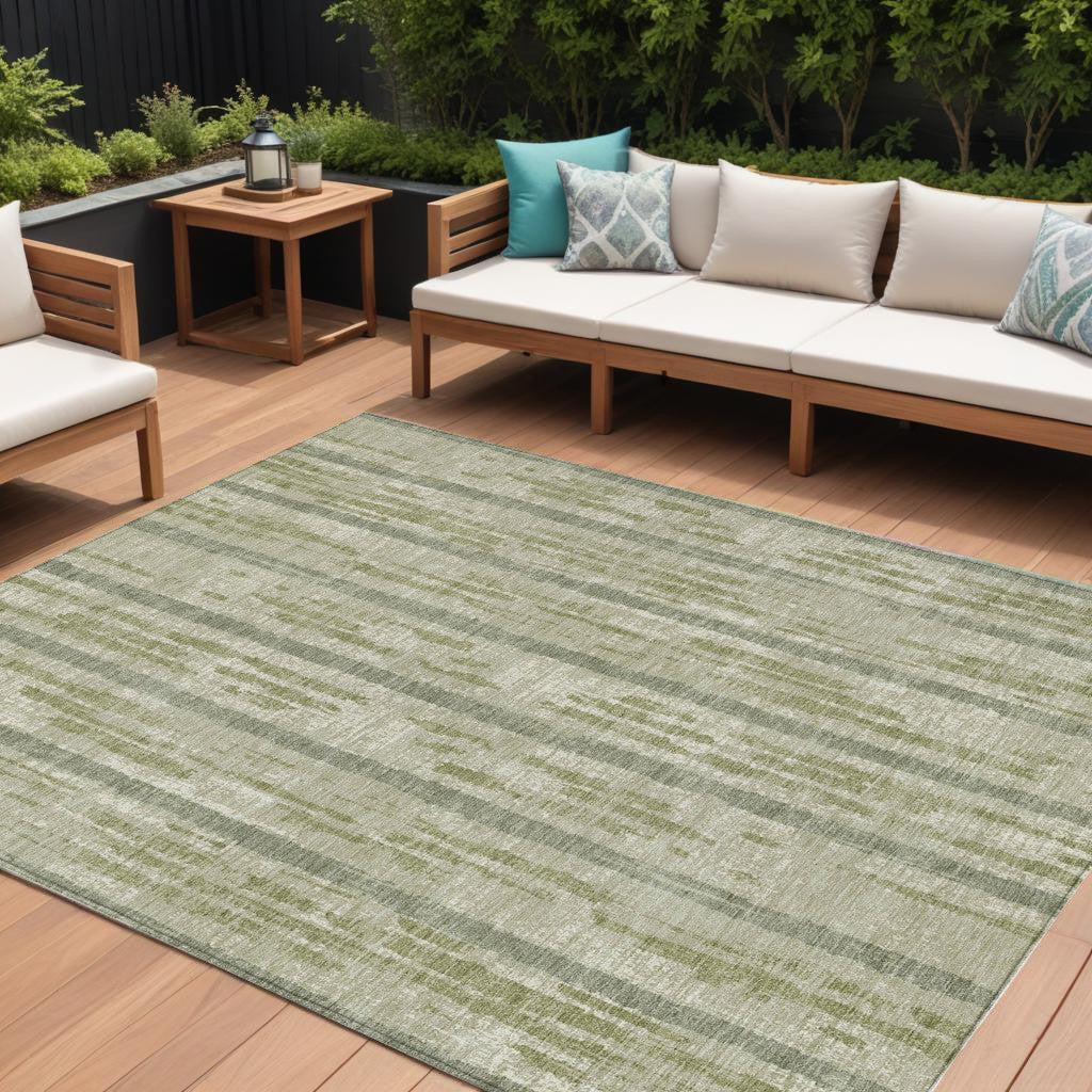 9' X 12' Artichoke Green Gray And Ivory Striped Washable Indoor Outdoor Area Rug
