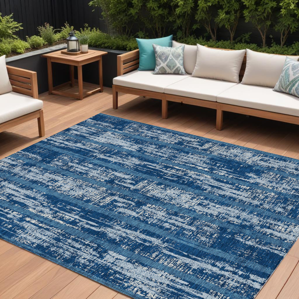 10' X 14' Blue And Ivory Striped Washable Indoor Outdoor Area Rug