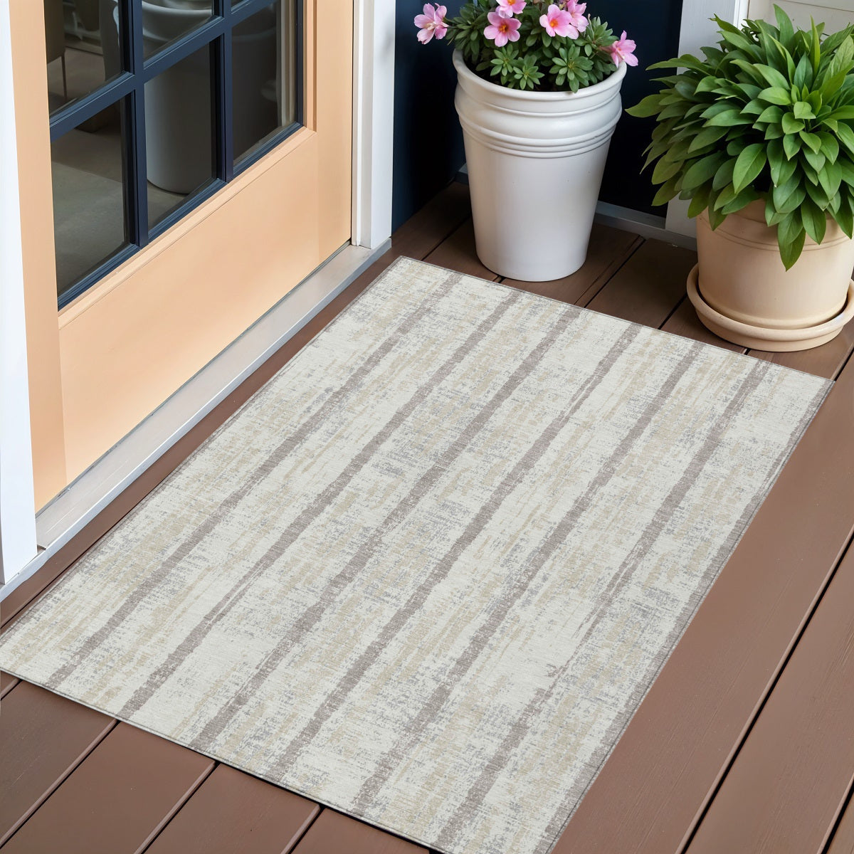 3' X 5' Ivory And Brown Striped Washable Indoor Outdoor Area Rug