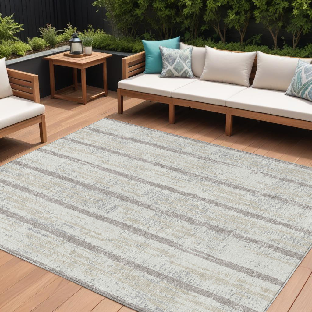 9' X 12' Ivory And Brown Striped Washable Indoor Outdoor Area Rug