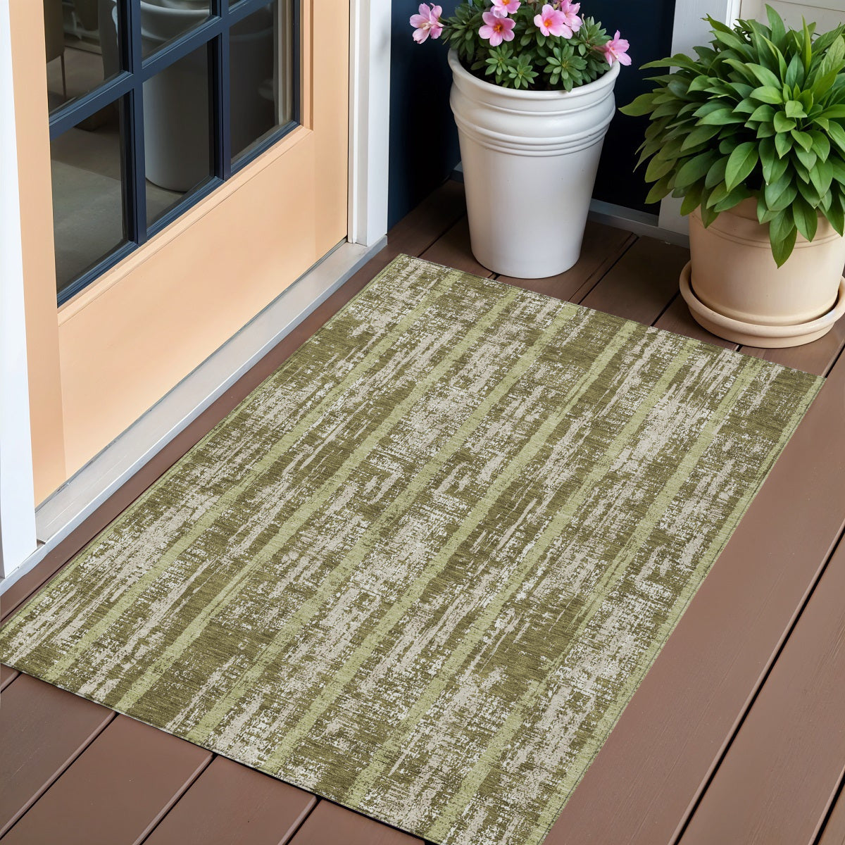 3' X 5' Olive Green Dark Green And Beige Striped Washable Indoor Outdoor Area Rug