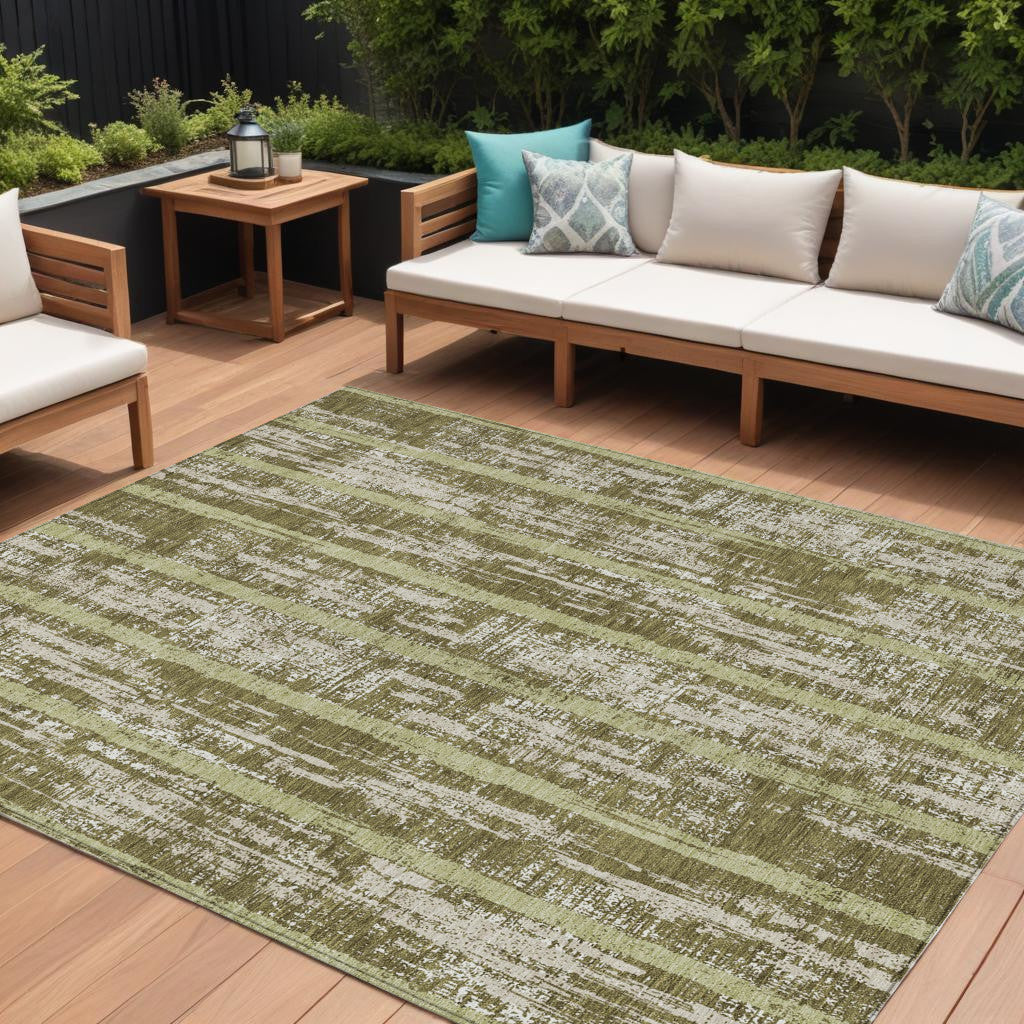 9' X 12' Olive Green Dark Green And Beige Striped Washable Indoor Outdoor Area Rug