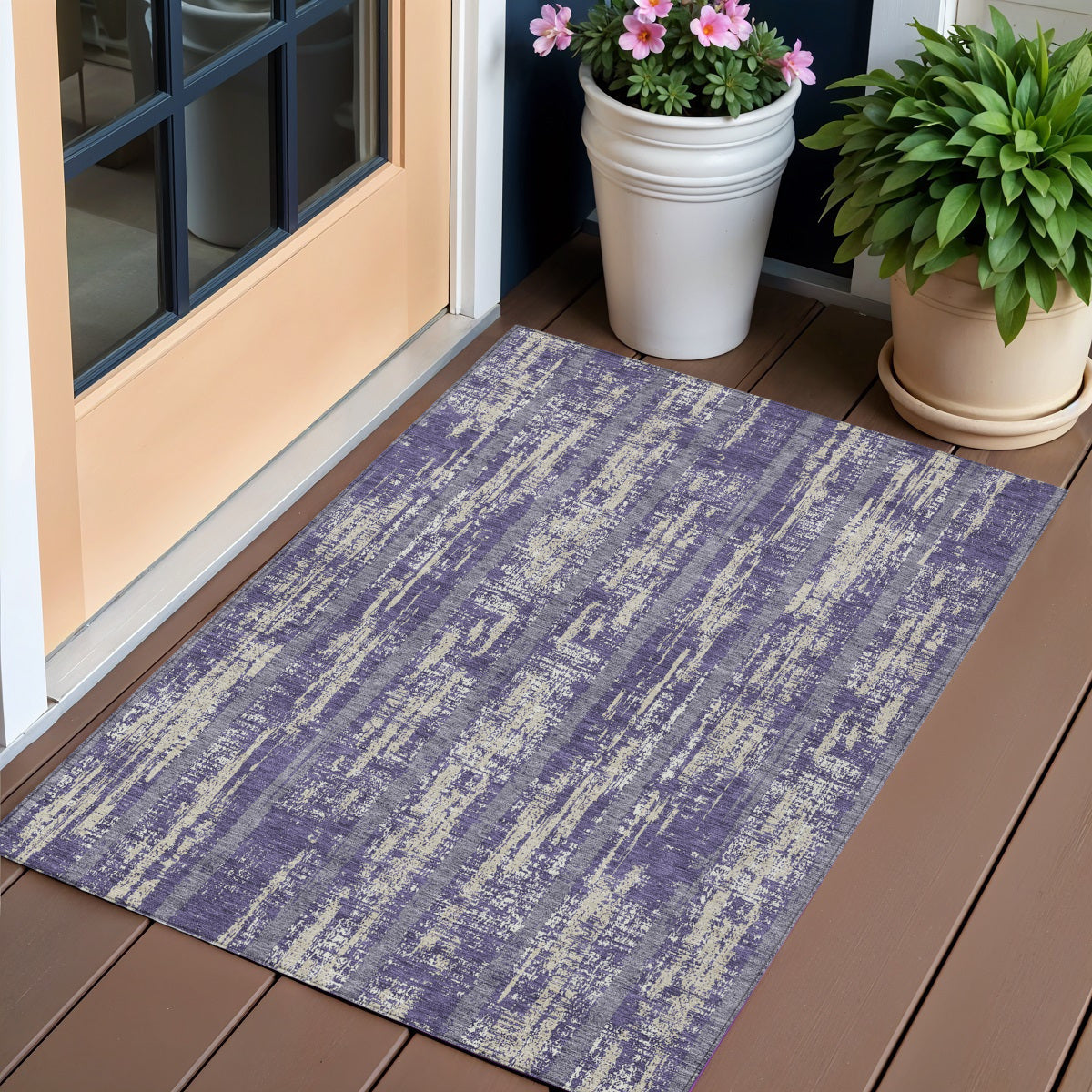 3' X 5' Purple Gray And Ivory Striped Washable Indoor Outdoor Area Rug