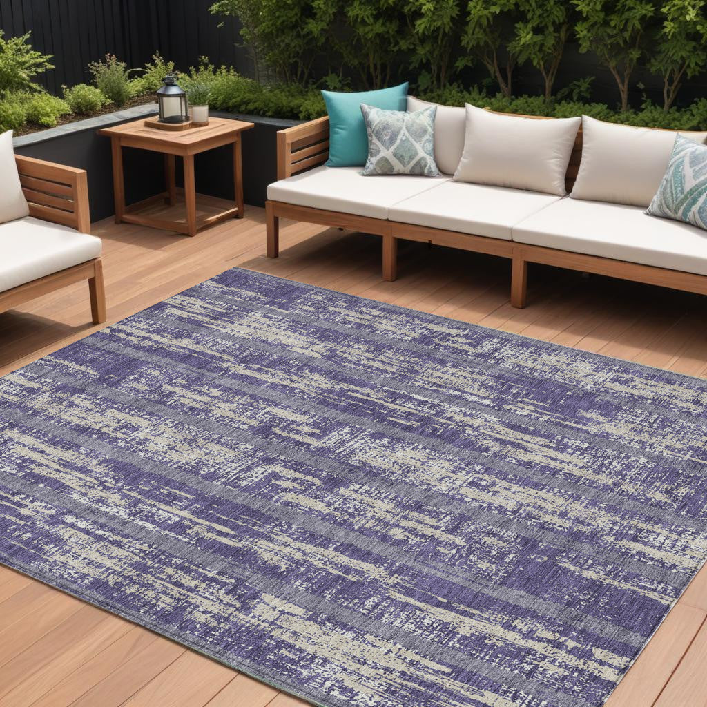 9' X 12' Purple Gray And Ivory Striped Washable Indoor Outdoor Area Rug