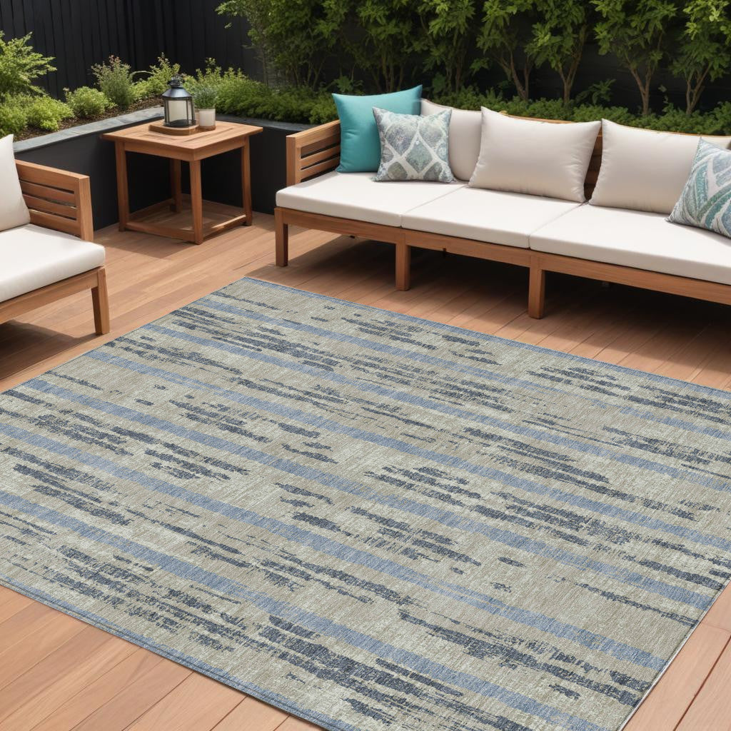 9' X 12' Taupe Gray And Blue Striped Washable Indoor Outdoor Area Rug
