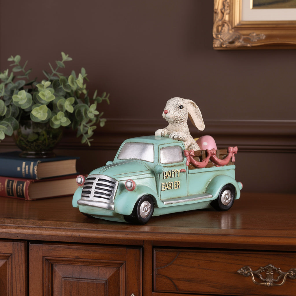 10 Aqua Resin Happy Easter Bunny And Car Figurine