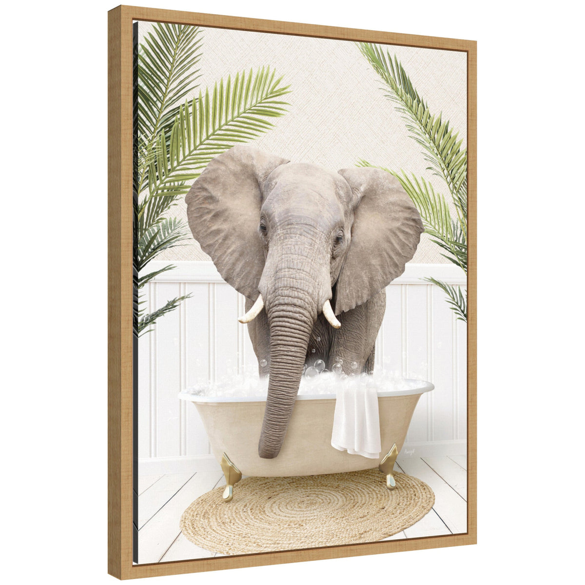 Sylvie Elephant Front Palm Bathtub Framed Canvas by Amy Peterson
