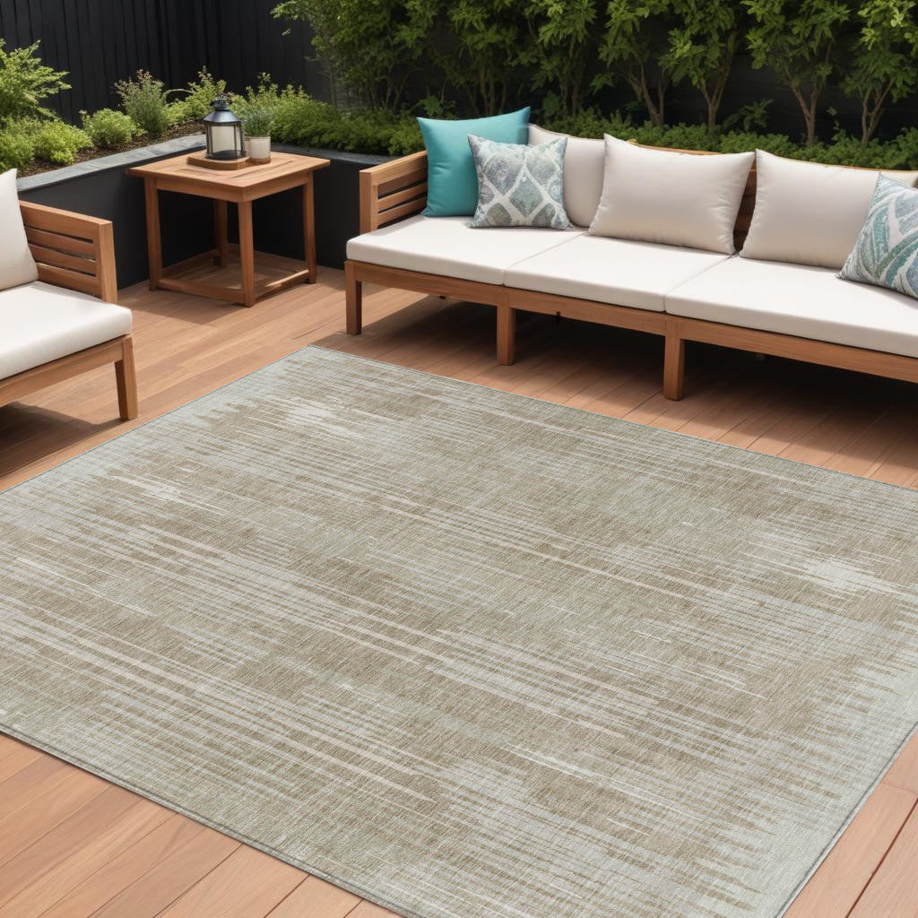 10' X 14' Beige And Ivory Striped Washable Indoor Outdoor Area Rug