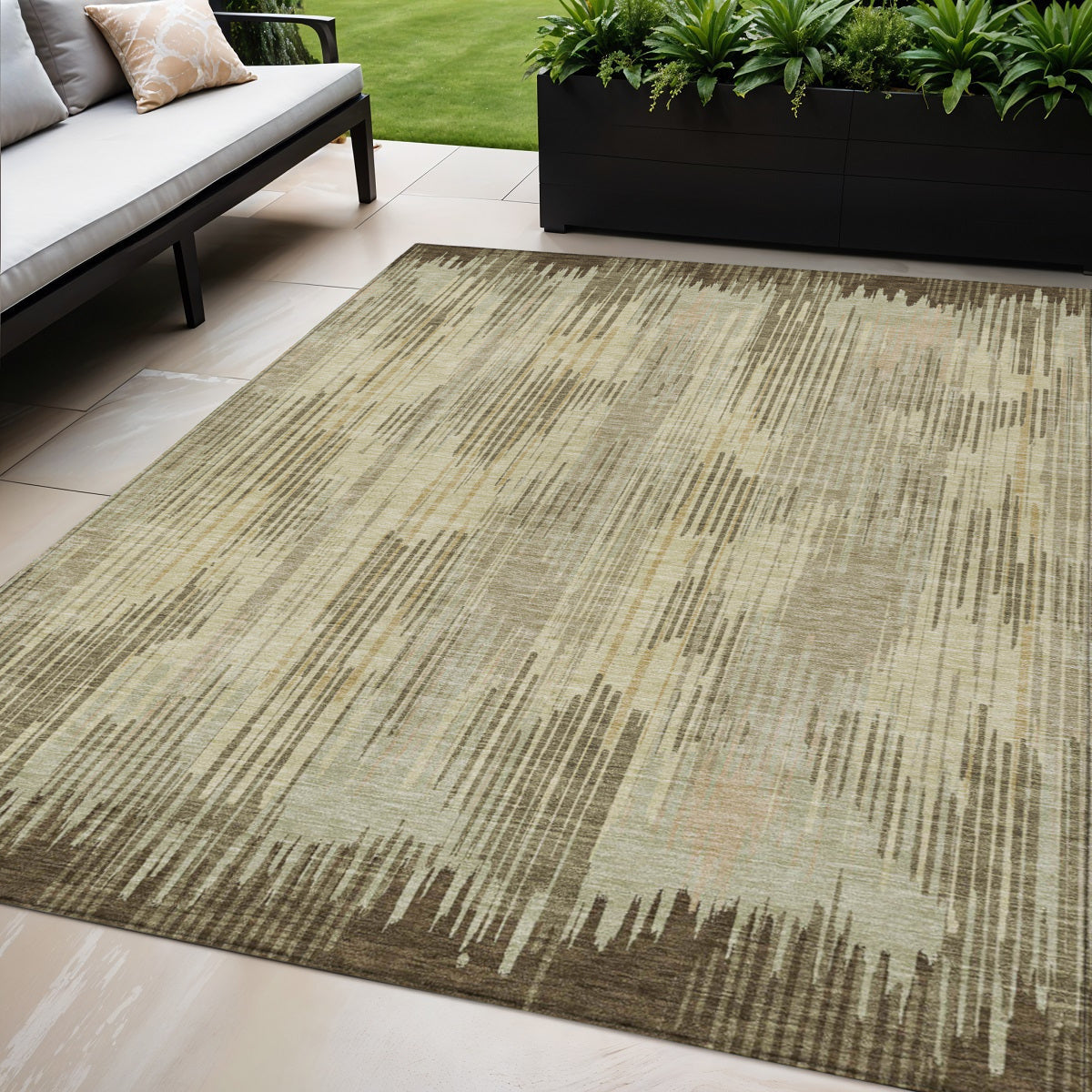 5' X 8' Brown And Green Striped Washable Indoor Outdoor Area Rug