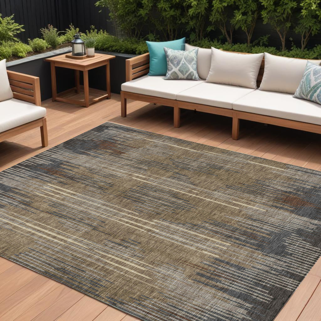9' X 12' Taupe Gray And Ivory Striped Washable Indoor Outdoor Area Rug