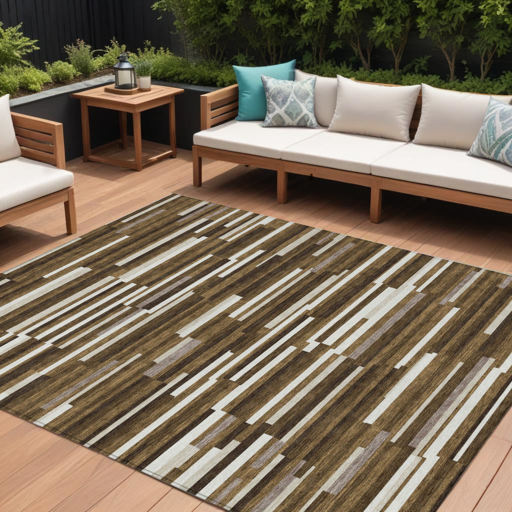 10' X 14' Brown And Ivory Striped Washable Indoor Outdoor Area Rug