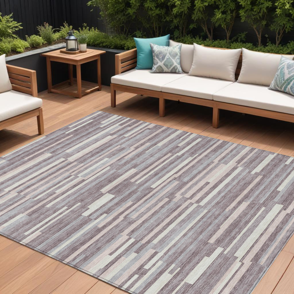 9' X 12' Lavender Gray And Ivory Striped Washable Indoor Outdoor Area Rug