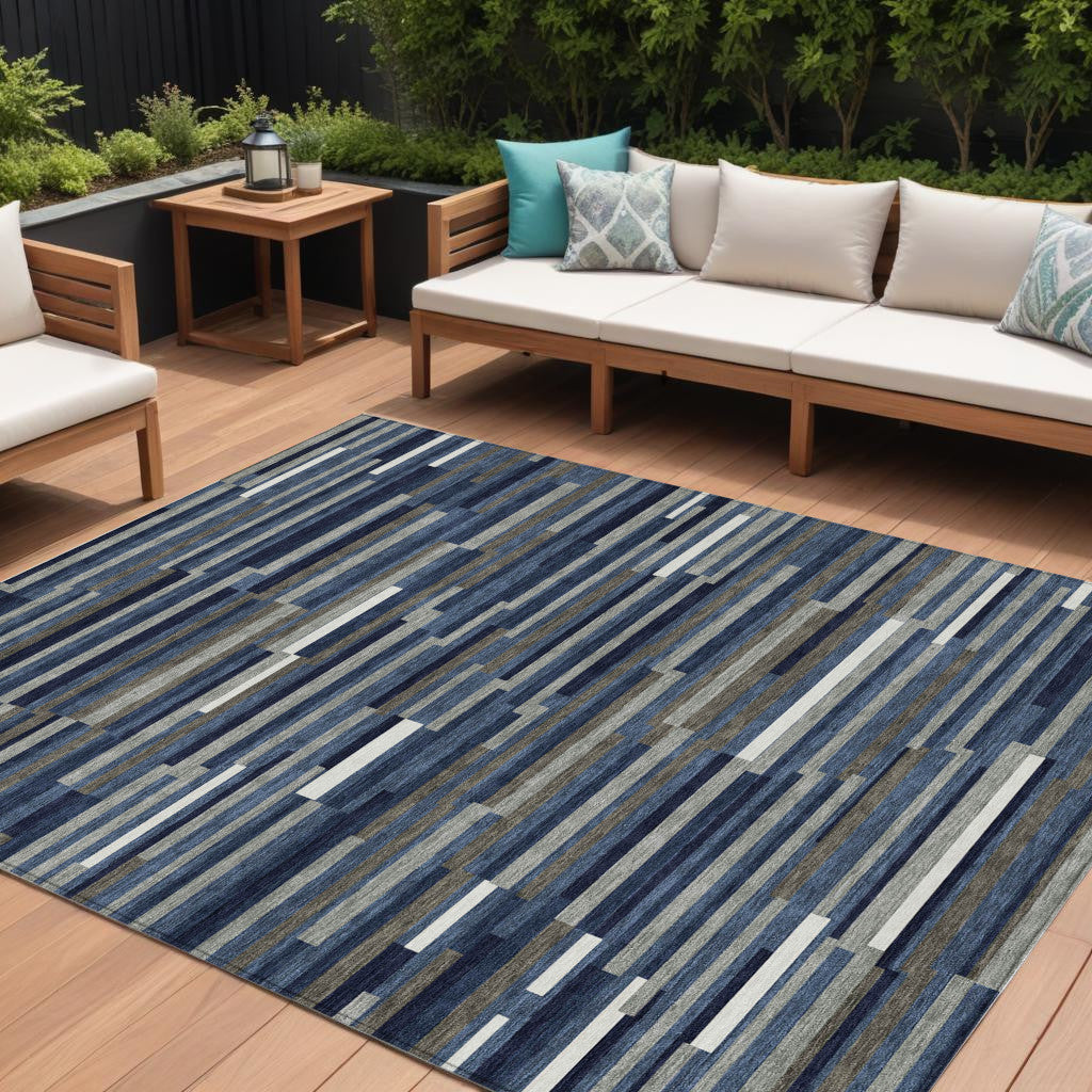 10' X 14' Navy Blue Striped Washable Indoor Outdoor Area Rug