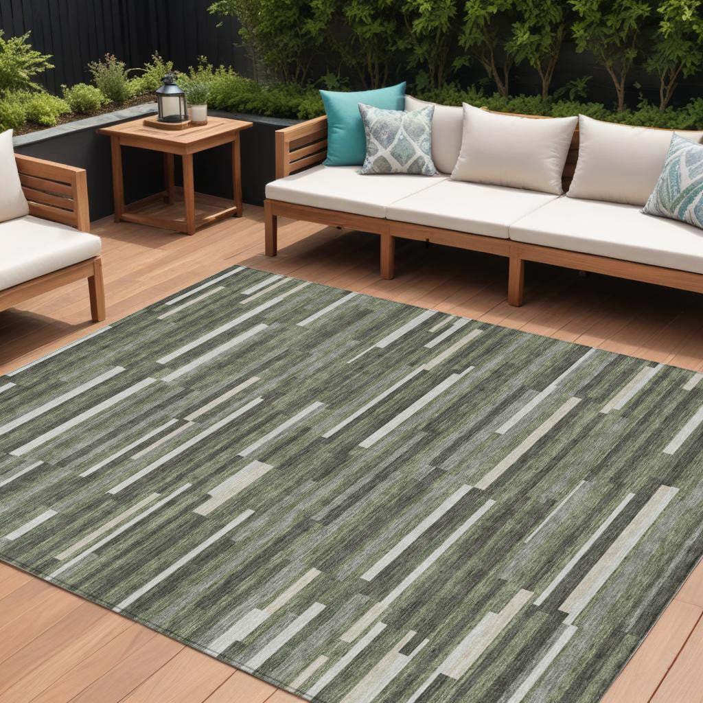 9' X 12' Olive Green Gray And Ivory Striped Washable Indoor Outdoor Area Rug