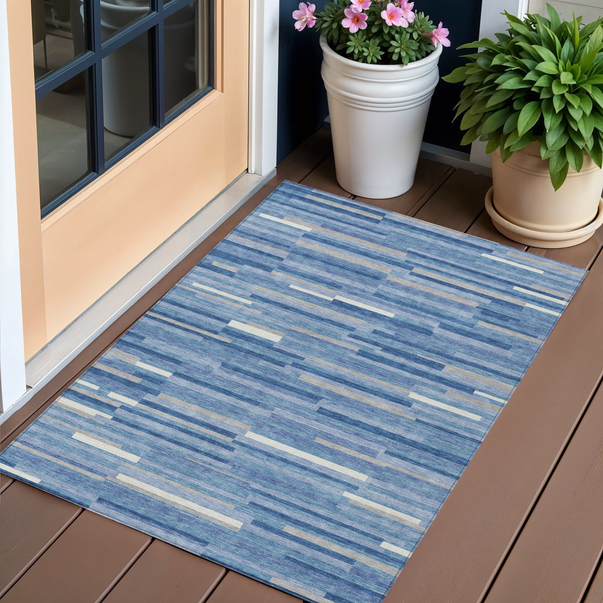 3' X 5' Sky Blue Gray And Ivory Striped Washable Indoor Outdoor Area Rug