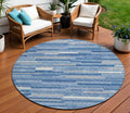 8' Sky Blue Gray And Ivory Round Striped Washable Indoor Outdoor Area Rug