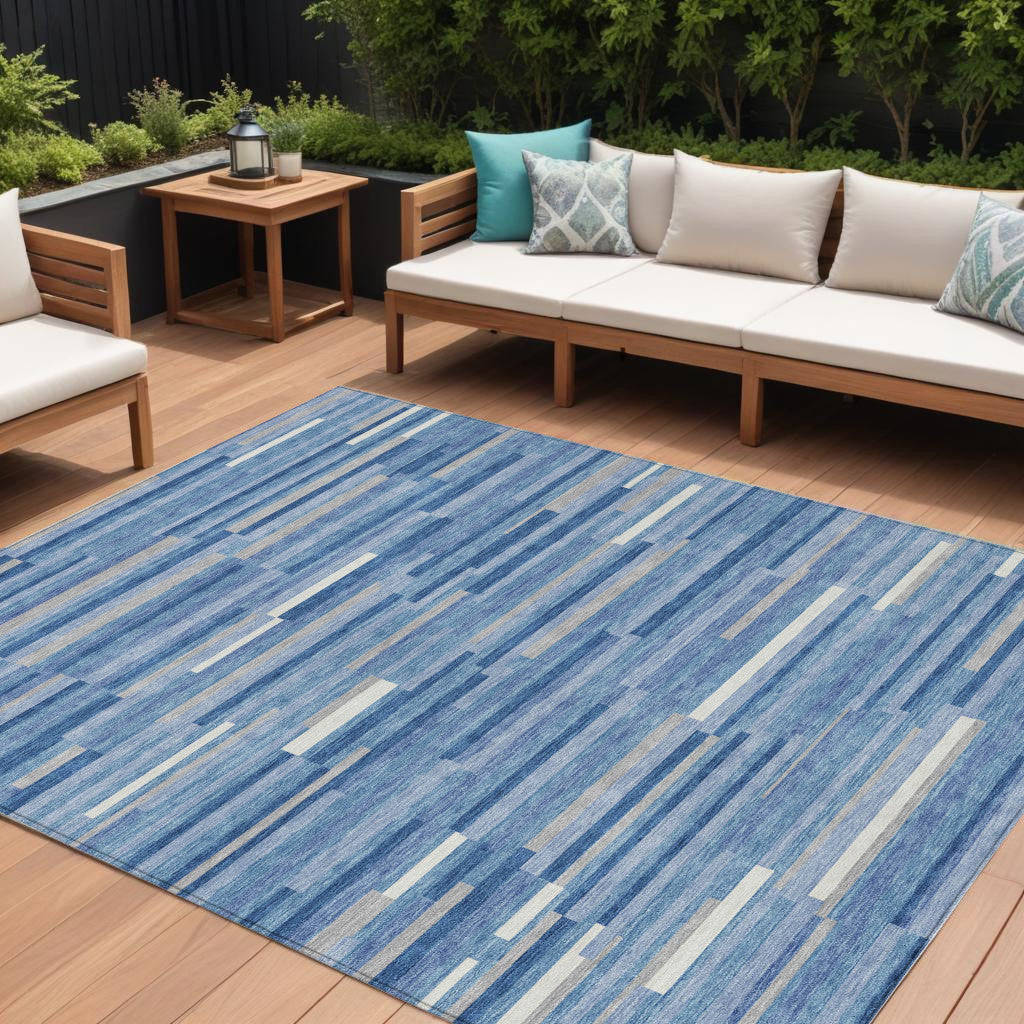 9' X 12' Sky Blue Gray And Ivory Striped Washable Indoor Outdoor Area Rug