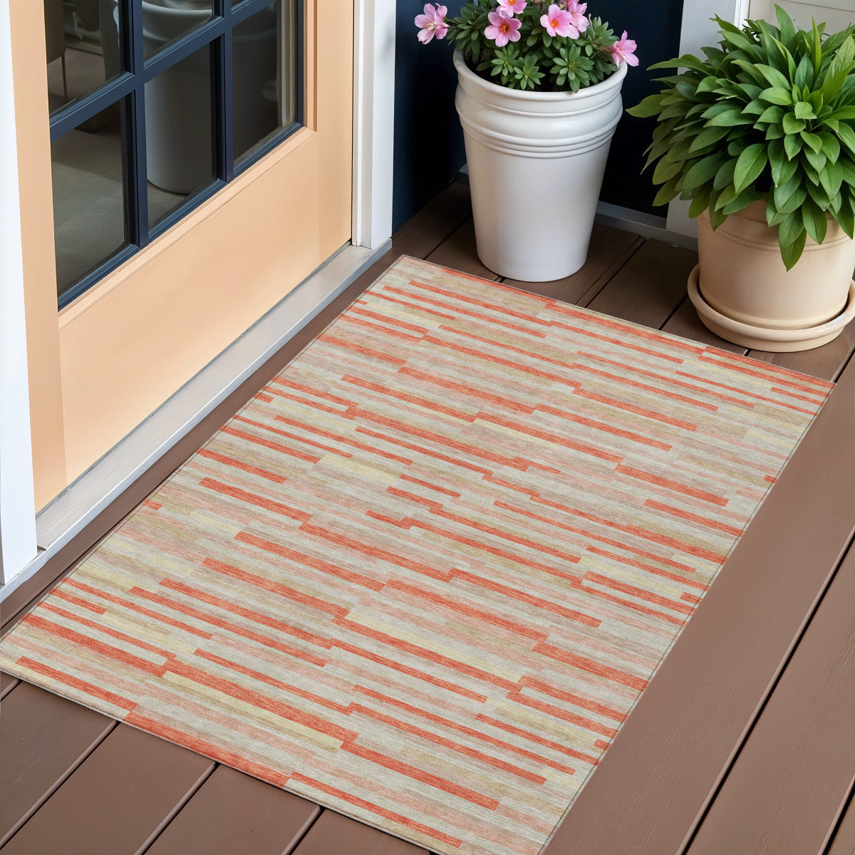 3' X 5' Salmon Gray And Beige Striped Washable Indoor Outdoor Area Rug