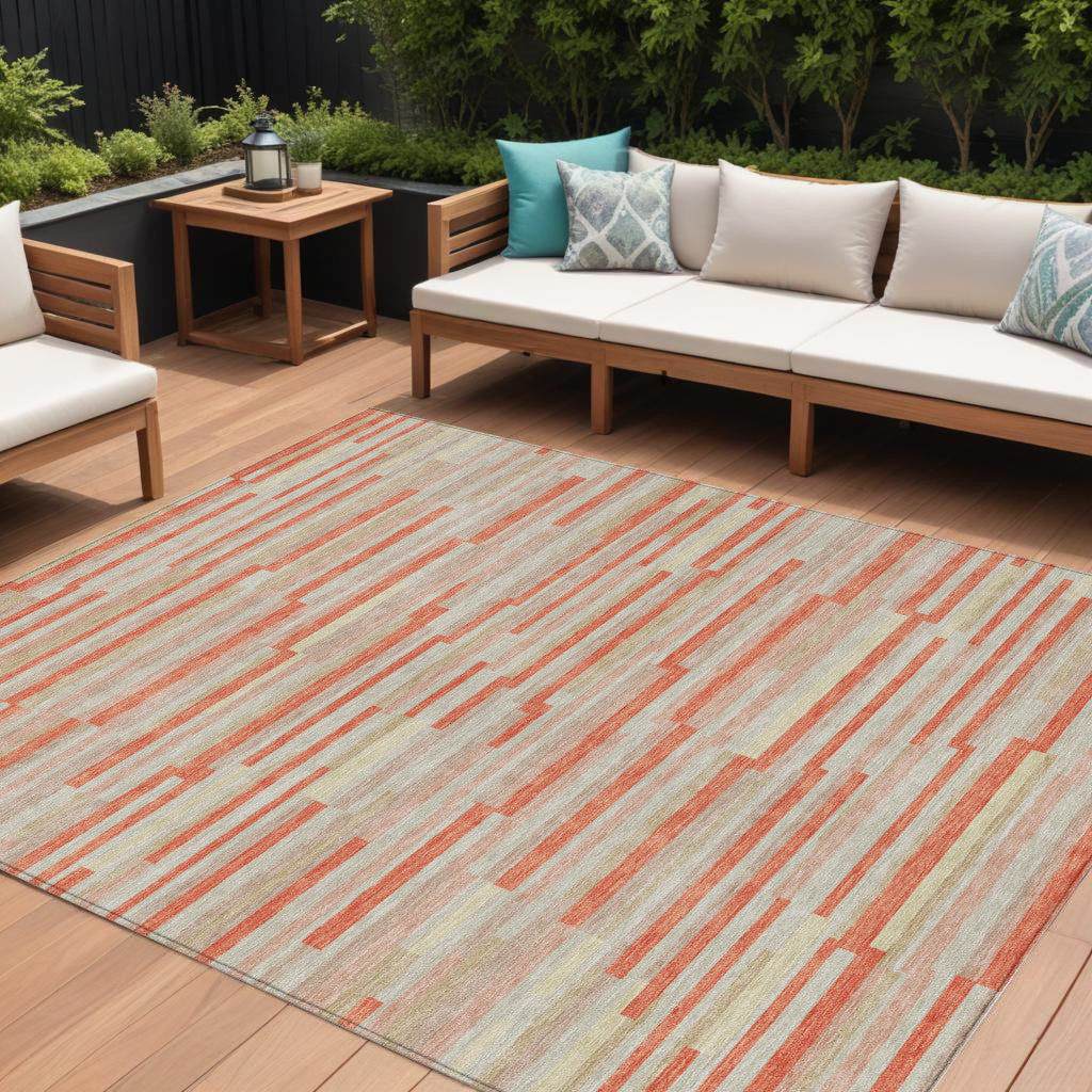 9' X 12' Salmon Gray And Beige Striped Washable Indoor Outdoor Area Rug