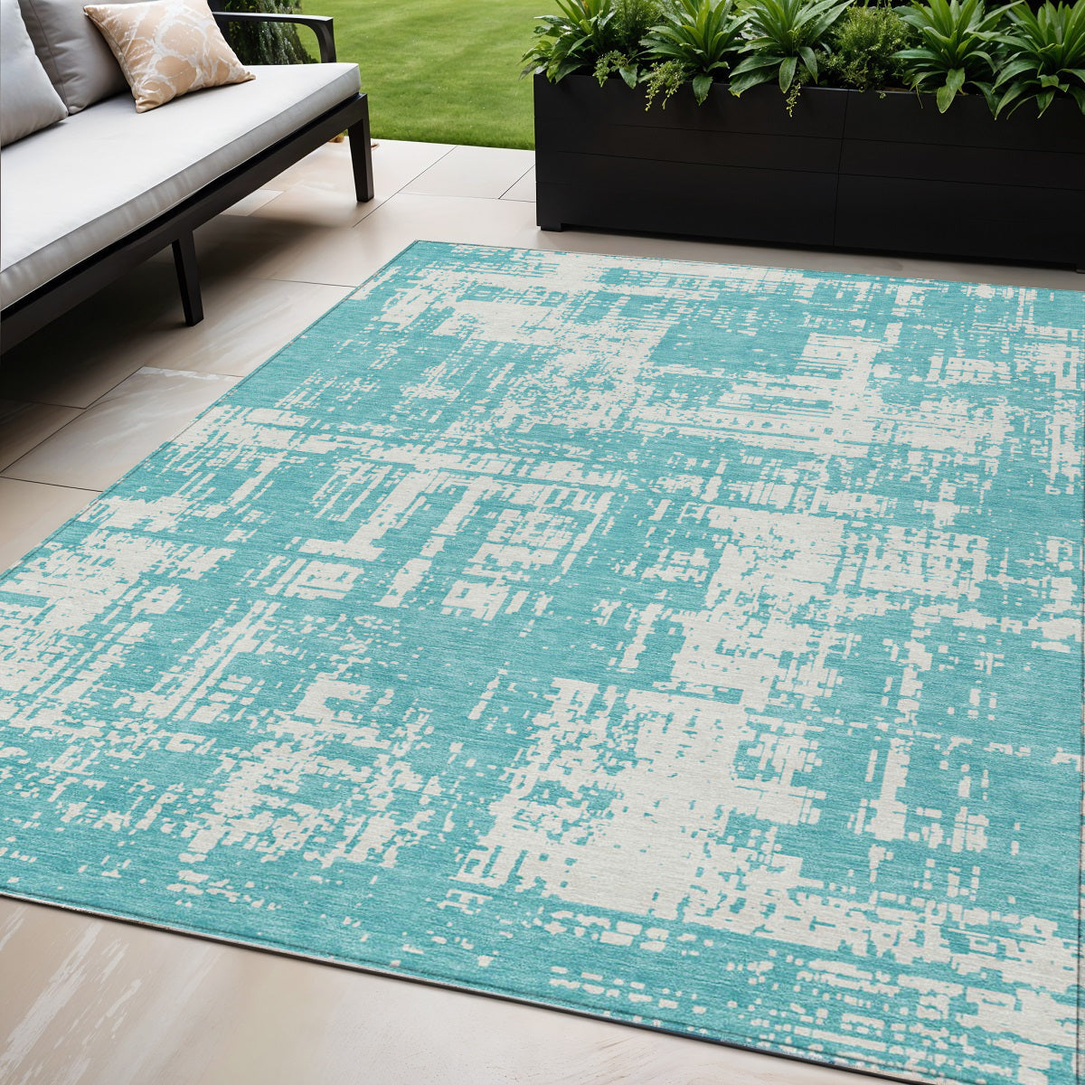 5' X 8' Aqua And Ivory Abstract Washable Indoor Outdoor Area Rug