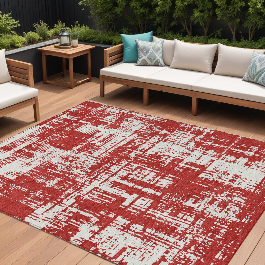 9' X 12' Red And Ivory Abstract Washable Indoor Outdoor Area Rug
