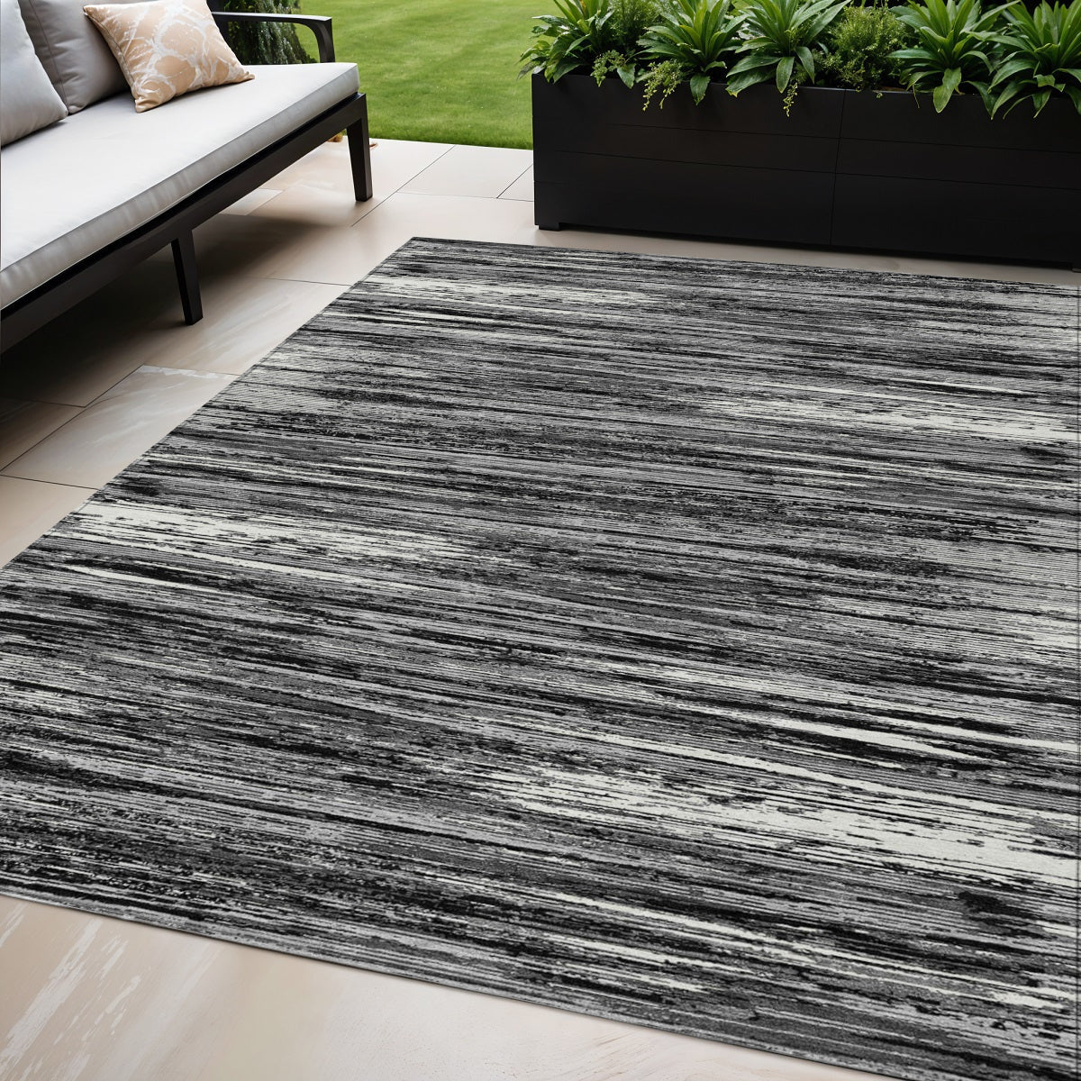 5' X 8' Black And Ivory Striped Washable Indoor Outdoor Area Rug