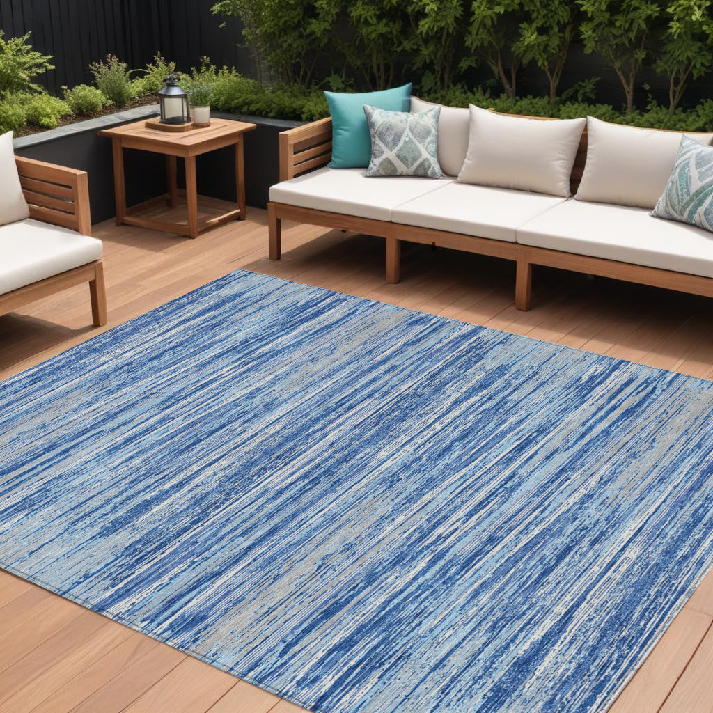 10' X 14' Blue Gray And Ivory Striped Washable Indoor Outdoor Area Rug