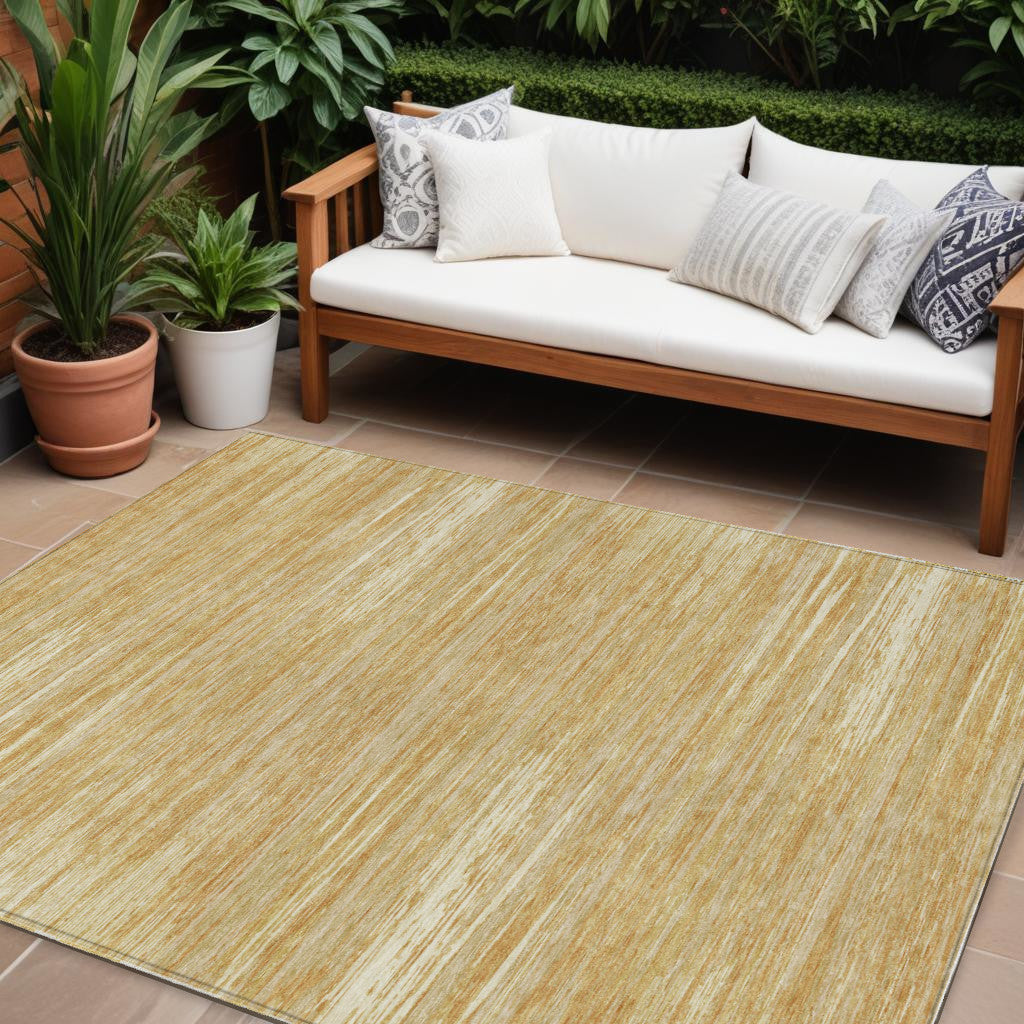 9' X 12' Gold Gray And Ivory Striped Washable Indoor Outdoor Area Rug