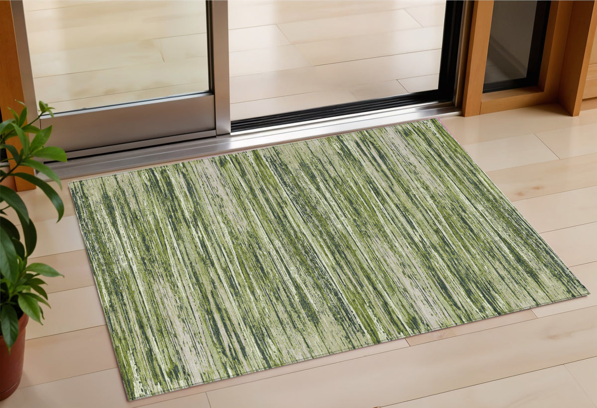 3' X 5' Olive Green And Ivory Striped Washable Indoor Outdoor Area Rug